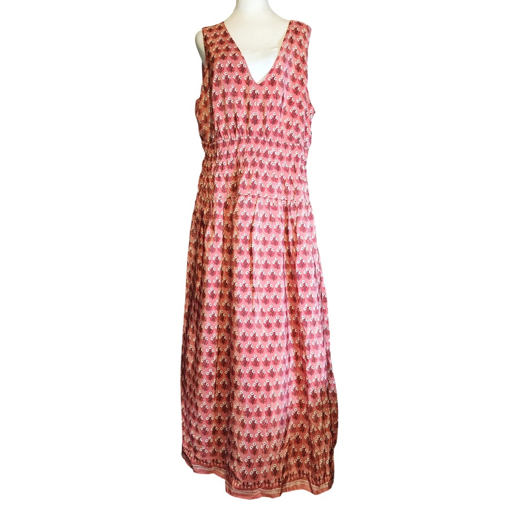J.Crew Pink Floral Block Print Smocked Waist Maxi Dress Size XLT V-Neck